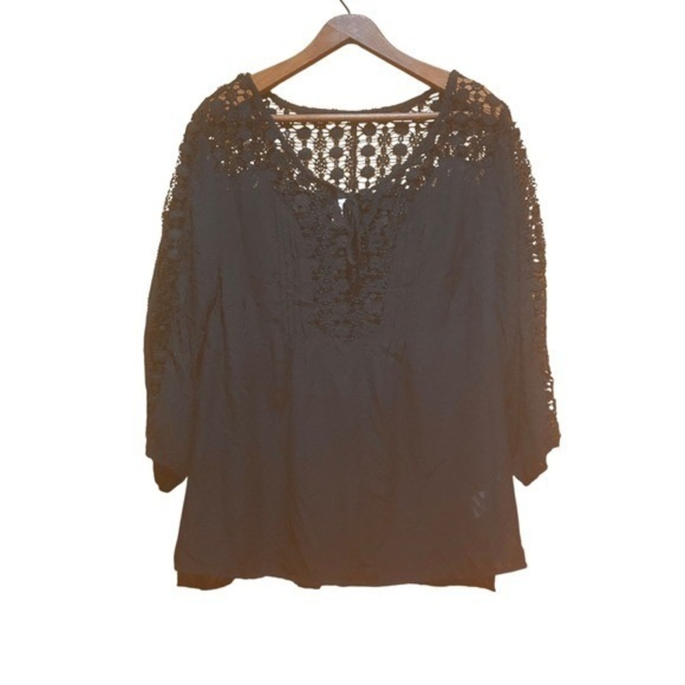 Bila Blouse‎ Womens XXL Black Sheer Crochet Placket & Sleeve Accent Boho Witchy
